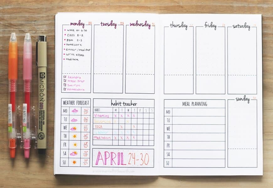 These bullet journal weekly spread ideas are incredible inspiration! I needed some creative tips on how to start a bujo, including how to setup my pages, so this list is amazing. The fonts and doodles used are awesome - they'll be key to doing my own lettering! I especially love the simple, minimalist ones #bulletjournal #organization #bujo #weeklyspread